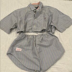 Ralph Lauren Upcycle Marlène Rougier Striped Blue Crop Top and Shorts set